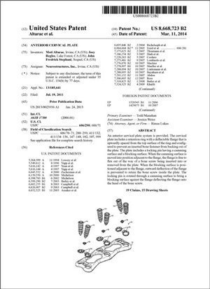 Anterior Cervical Plate Patent 8668723