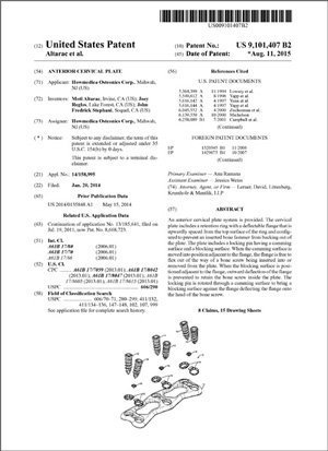 Anterior Cervical Plate Patent 9101407