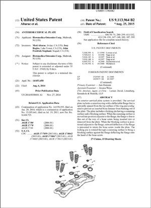 Anterior Cervical Plate Patent 9113964