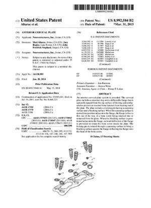 Anterior Cervical Plate Patent 8992584