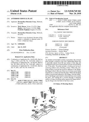 Anterior Cervical Plate Patent 9918749