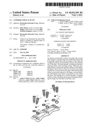 Anterior Cervical Plate Patent 10912591